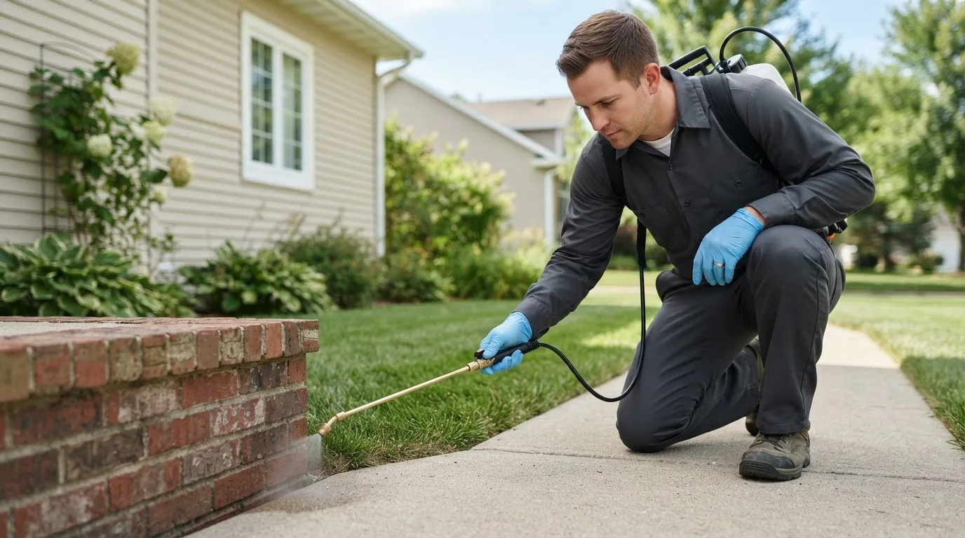Pest control technician treating a home near Canton, IL