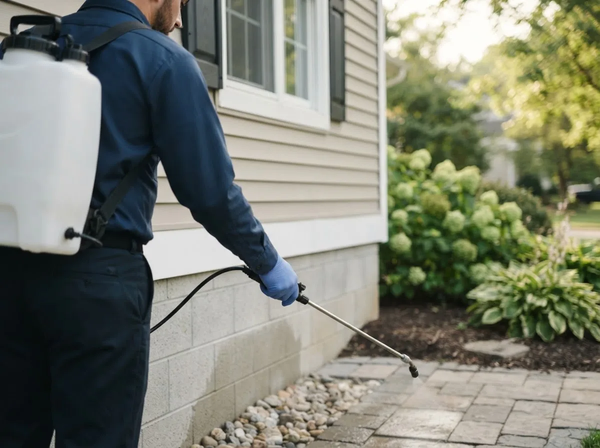 Pest control technician inspecting a home in Canton, IL